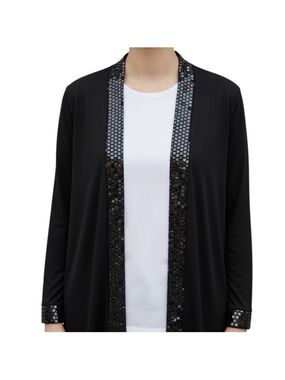 Ricci Open Front Cardigan Sequin Embellished Trim Size XL Black Shoulder Pads